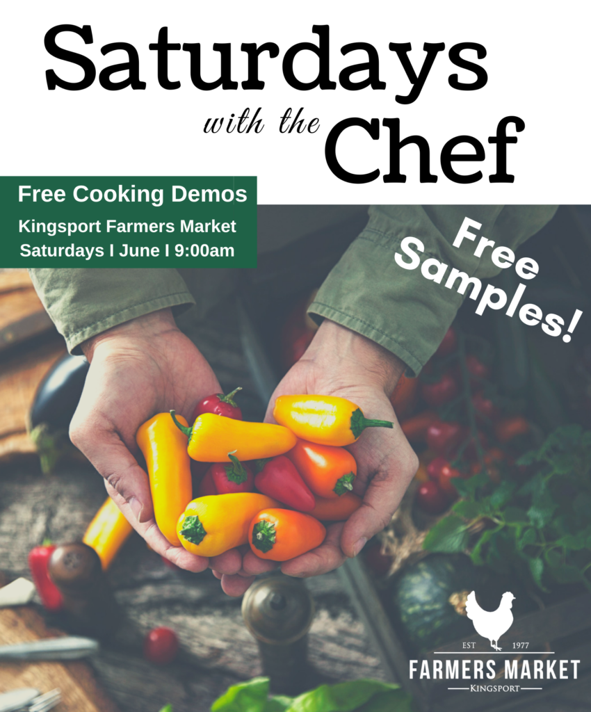 cooking demo event poster with hands holding peppers
