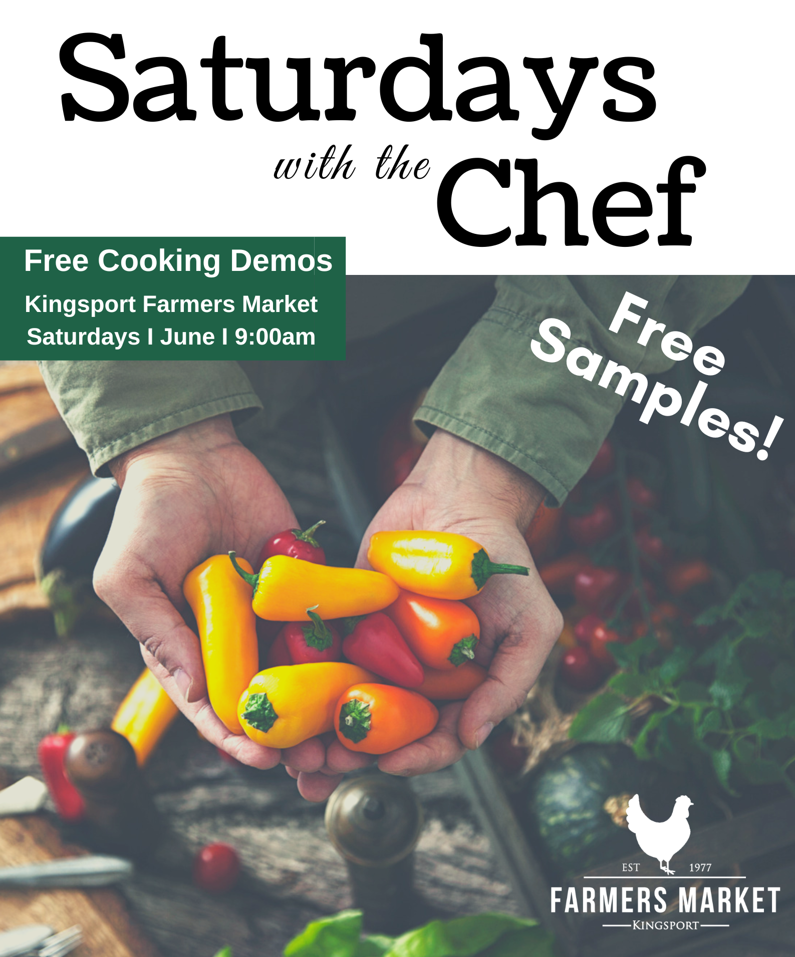 cooking demo event poster with hands holding peppers