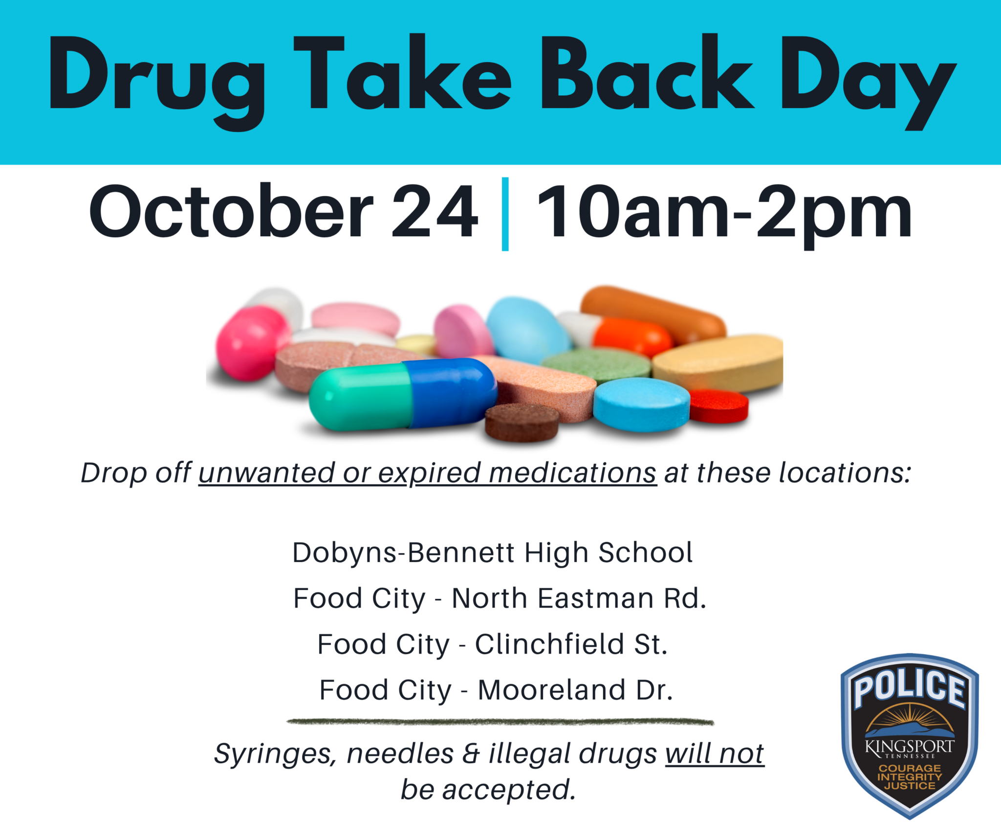 drug take back event poster with pills and location