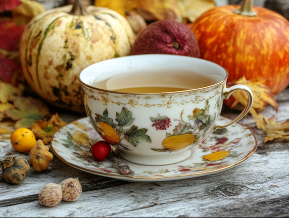 A cup of tea surrounded by fall decor and pumpkins.
